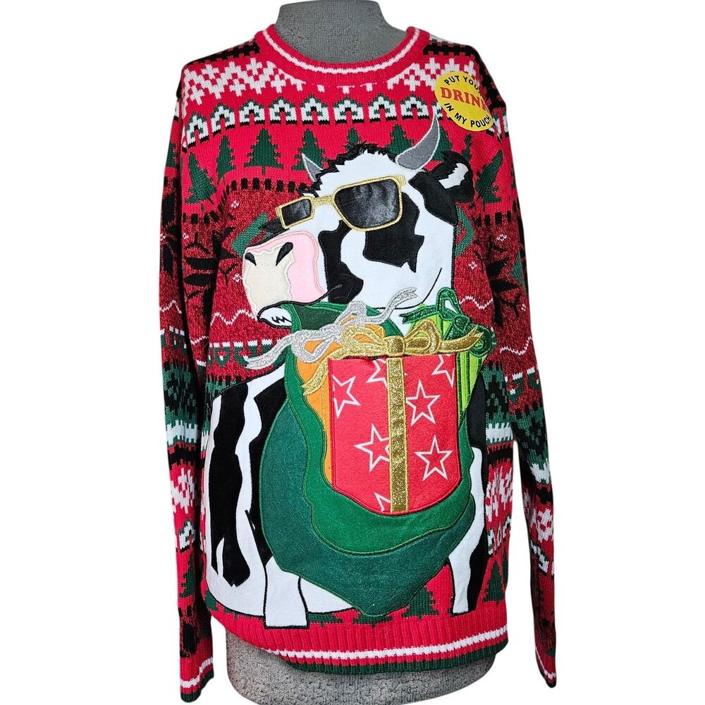 Holiday Christmas Cow Sweater Put a Drink in the Pouch New with Tags Medium